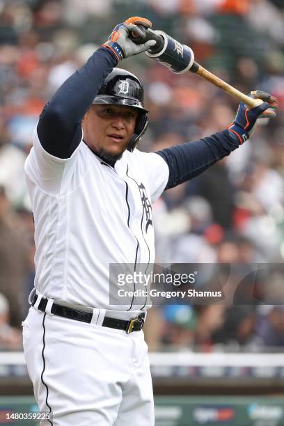 Miguel Cabrera of the Detroit Tigers warms up to bat in the second inning while playing the Boston Red Sox during opening day at Comerica Park on...