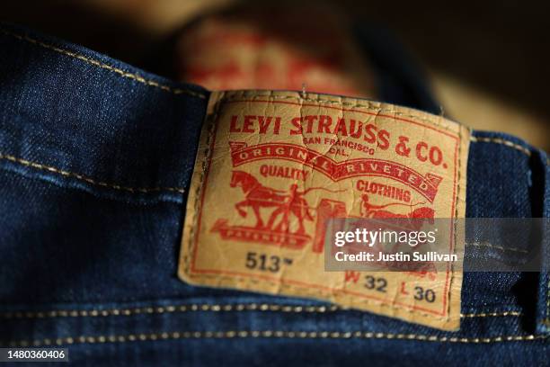 In this photo illustration, the back patch is displayed on a pair of Levi 513 jeans on April 06, 2023 in San Anselmo, California. San Francisco-based...