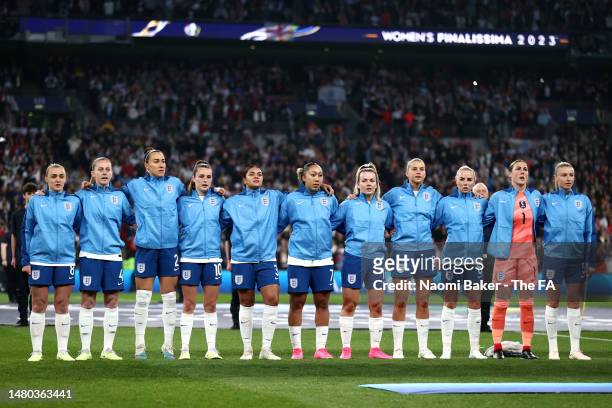 Players of England stand for the national anthem prior to the Women´s Finalissima 2023 match between England and Brazil at Wembley Stadium on April...