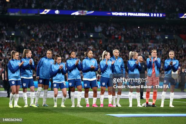 Players of England applaud after the national anthem prior to the Women´s Finalissima 2023 match between England and Brazil at Wembley Stadium on...