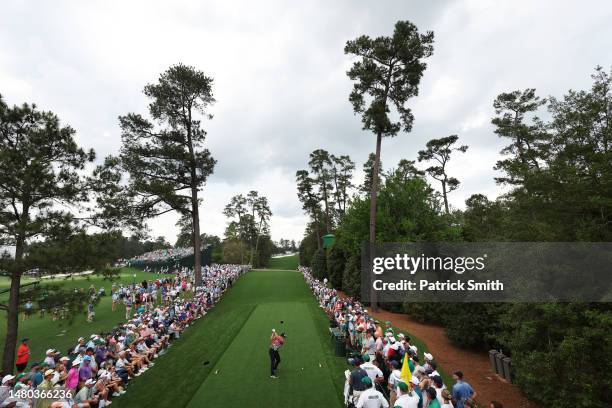 Viktor Hovland of Norway plays his shot from the 18th tee during the first round of the 2023 Masters Tournament at Augusta National Golf Club on...