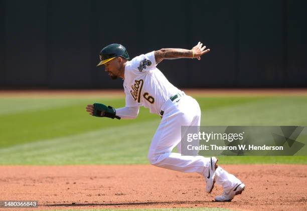 Jace Peterson of the Oakland Athletics runs the bases against the Cleveland Guardians in the bottom of the first inning at RingCentral Coliseum on...