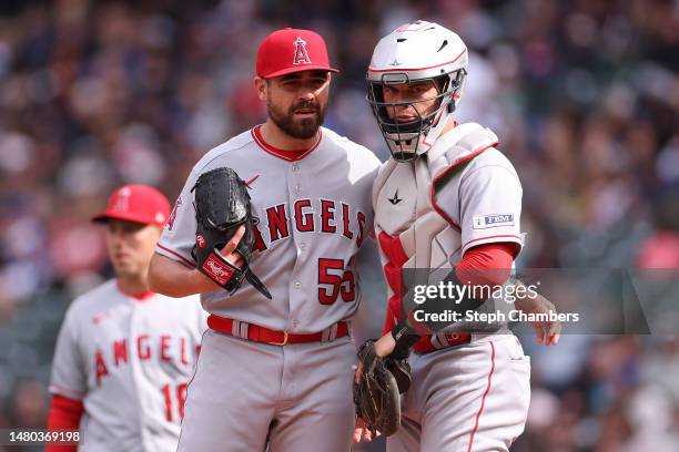 Matt Moore and Logan O'Hoppe of the Los Angeles Angels look on during the seventh inning against the Seattle Mariners at T-Mobile Park on April 05,...