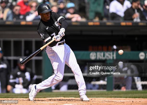 Tim Anderson of the Chicago White Sox hits a two run single in the first inning against the San Francisco Giants at Guaranteed Rate Field on April...