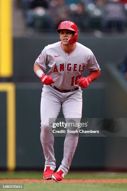 Gio Urshela of the Los Angeles Angels leads off first base during the second inning against the Seattle Mariners at T-Mobile Park on April 05, 2023...