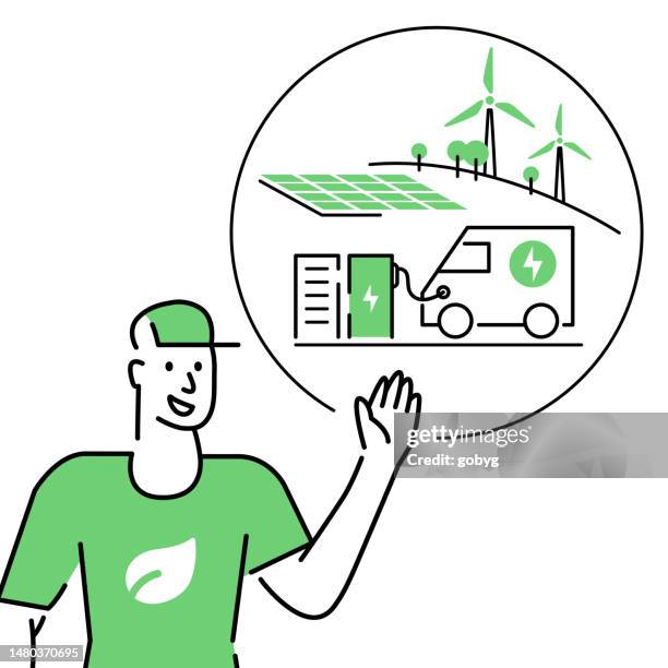 green energy expert presenting battery electric vehicle charging with renewable electricity system - hands explaining stock illustrations