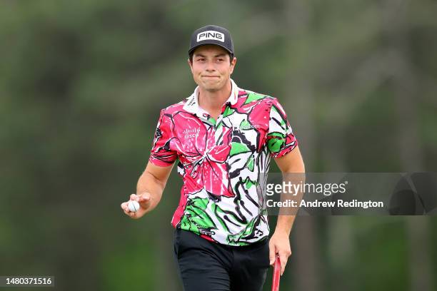 Viktor Hovland of Norway reacts on the 18th green during the first round of the 2023 Masters Tournament at Augusta National Golf Club on April 06,...