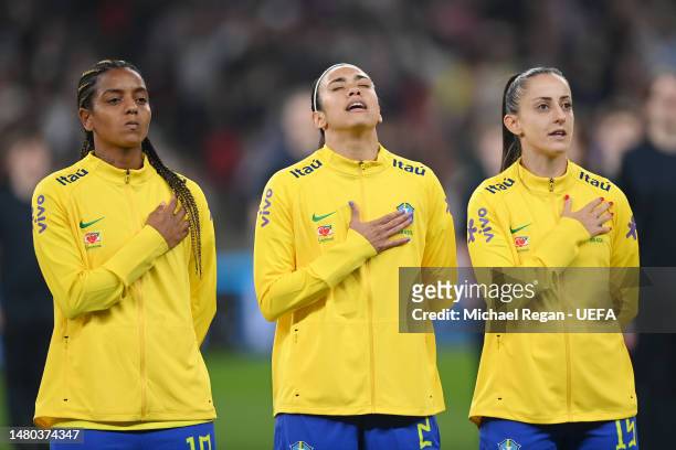 Brazil players sings their national anthem prior to the Women´s Finalissima 2023 match between England and Brazil at Wembley Stadium on April 06,...