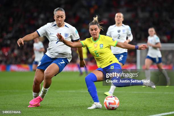 Tamires of Brazil passes the ball whilst under pressure from Lauren James of England during the Women´s Finalissima 2023 match between England and...