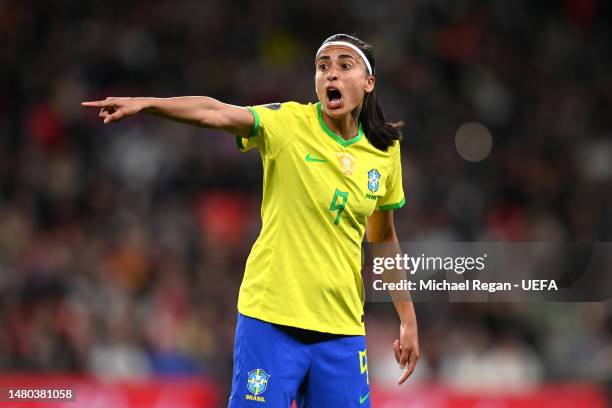 Andressa Alves of Brazil reacts during the Women´s Finalissima 2023 match between England and Brazil at Wembley Stadium on April 06, 2023 in London,...