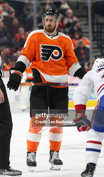 Kevin Hayes of the Philadelphia Flyers stands at center ice prior to a faceoff against the Montreal Canadiens at the Wells Fargo Center on March 28,...