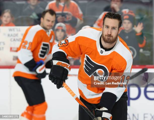 Kevin Hayes of the Philadelphia Flyers skates during warm-ups prior to his game against the Montreal Canadiens at the Wells Fargo Center on March 28,...