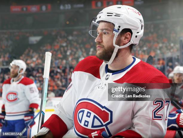 Jonathan Drouin of the Montreal Canadiens looks on during a timeout against the Philadelphia Flyers at the Wells Fargo Center on March 28, 2023 in...