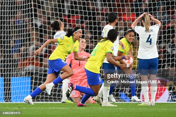 Andressa Alves of Brazil celebrates after scoring the team's first goal during the Women´s Finalissima 2023 match between England and Brazil at...