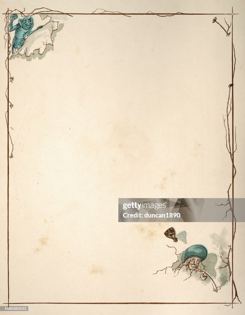 Border frame for Tam o' Shanter, a tale by Robert Burns, Title page, Demons, Drink, Drunk man smoking pipe