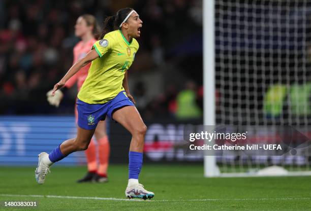 Andressa Alves of Brazil celebrates after scoring the team's first goal during the Women´s Finalissima 2023 match between England and Brazil at...