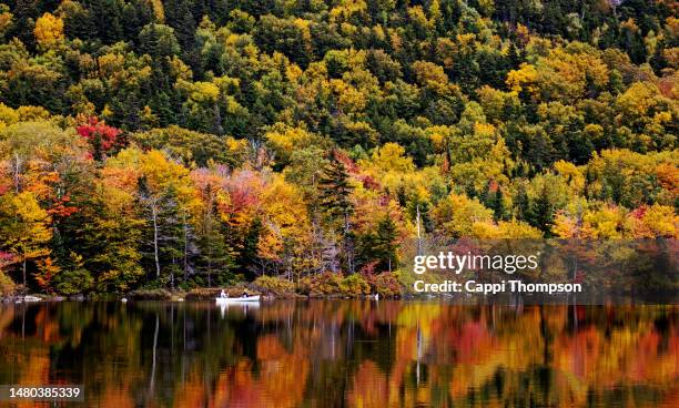 echo lake in franconia notch new hampshire with couple in canoe - new hampshire stock-fotos und bilder