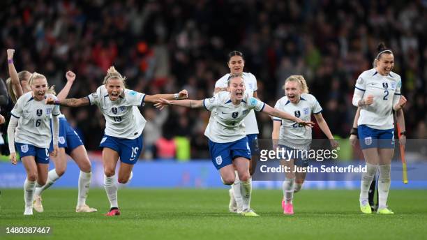 England players celebrate following the team's victory in the penalty shoot out during the Women´s Finalissima 2023 match between England and Brazil...