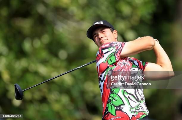 Viktor Hovland of Norway plays his tee shot on the fifth hole during the first round of the 2023 Masters Tournament at Augusta National Golf Club on...