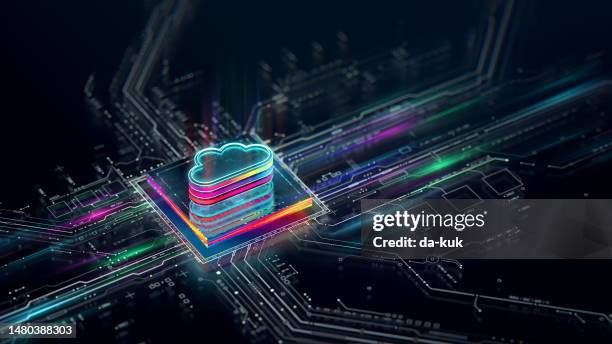data cloud solutions and cloud computing integrated on cpu & circuit board hardware. data transfers coming out of processor. - cpu stock pictures, royalty-free photos & images