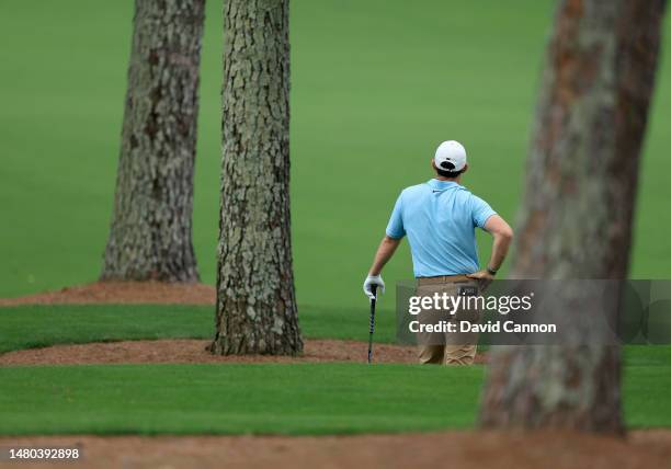 Rory McIlroy of Northern Ireland plays his second shot on the seventh hole during the first round of the 2023 Masters Tournament at Augusta National...