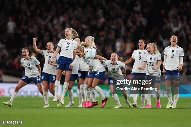 England players react in the penalty shoot out during the Women´s Finalissima 2023 match between England and Brazil at Wembley Stadium on April 06,...