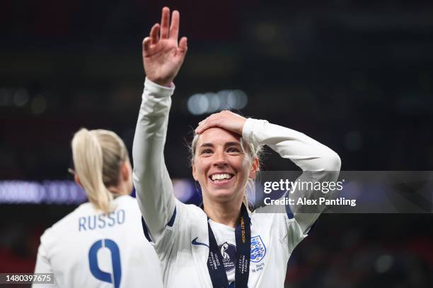 Jordan Nobbs of England celebrates after the team's victory in the penalty shoot out during the Women´s Finalissima 2023 match between England and...