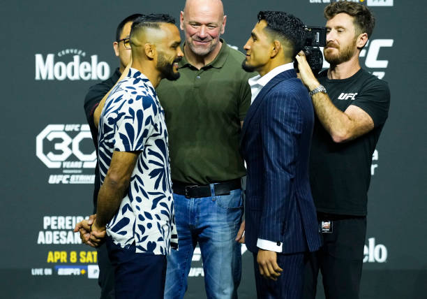Opponents Rob Font and Adrian Yanez face off during the UFC 287 press conference at Miami-Dade Arena on April 06, 2023 in Miami, Florida.