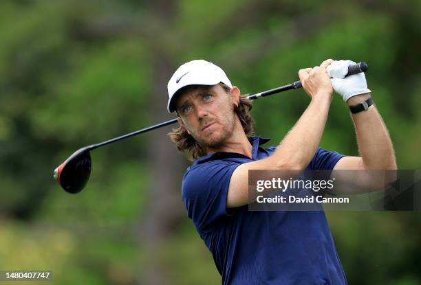 Tommy Fleetwood of England plays his tee shot on the fifth hole during the first round of the 2023 Masters Tournament at Augusta National Golf Club...