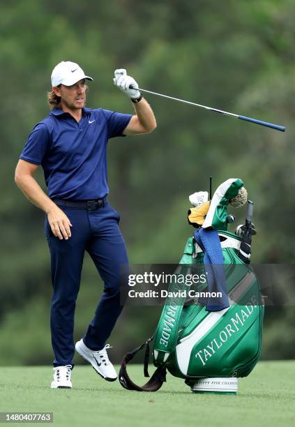 Tommy Fleetwood of England plays his second shot on the fifth hole during the first round of the 2023 Masters Tournament at Augusta National Golf...