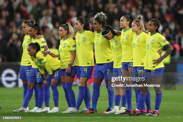 Brazil players react during the penalty shoot out in the Women's Finalissima between England and Brazil at Wembley Stadium on April 06, 2023 in...