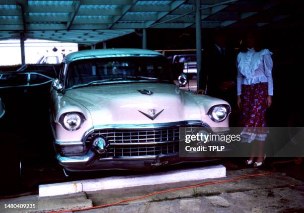 General view of Elvis Presley's iconic 1955 Pink Cadillac Fleetwood Sixty Special on display, June 1982.