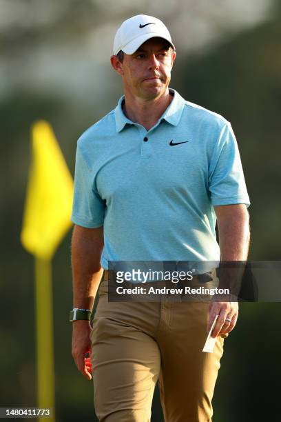 Rory McIlroy of Northern Ireland reacts on the 18th green during the first round of the 2023 Masters Tournament at Augusta National Golf Club on...