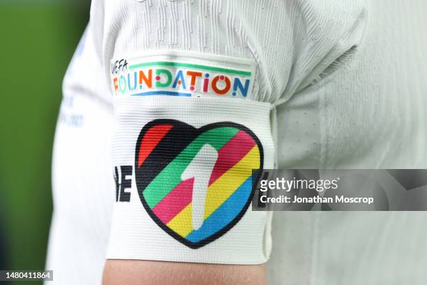 Leah Williamson of England's One Love armband during the Women's Finalissima between England and Brazil at Wembley Stadium on April 06, 2023 in...