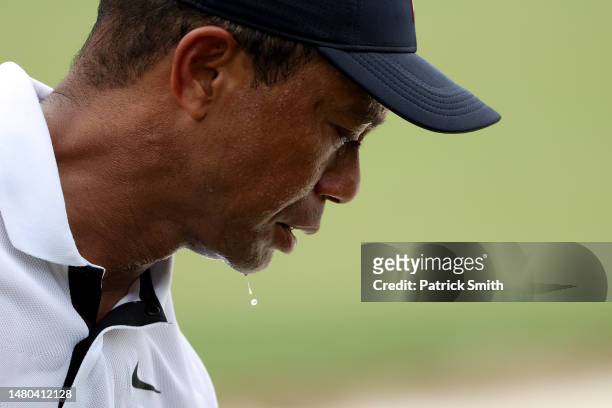 Tiger Woods of the United States looks on during the first round of the 2023 Masters Tournament at Augusta National Golf Club on April 06, 2023 in...