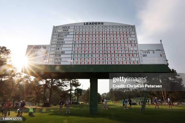 General view of the leaderboard during the first round of the 2023 Masters Tournament at Augusta National Golf Club on April 06, 2023 in Augusta,...