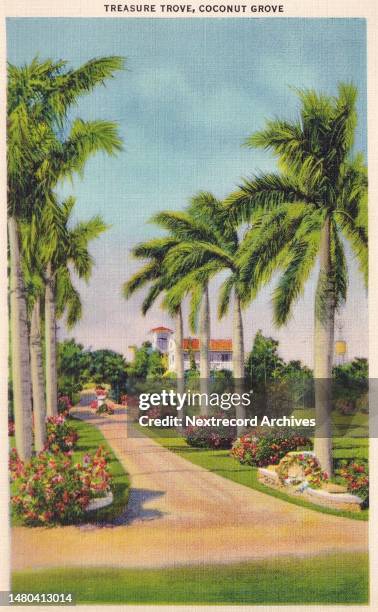 Vintage colorized historic souvenir photo postcard published circa 1935 as part of a series titled, 'Miami the Magic City,' depicting a view of a...