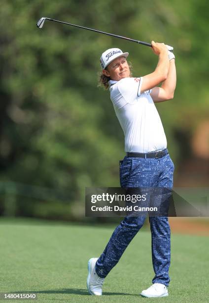 Cameron Smith of Australia plays his second shot on the fifth hole during the first round of the 2023 Masters Tournament at Augusta National Golf...