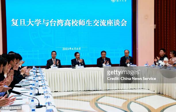 Ma Ying-jeou , former chairman of the Chinese Kuomintang party, attends a group discussion at Fudan University on April 6, 2023 in Shanghai, China....