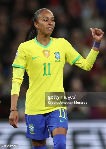 Adriana Leal da Silva of Brazil reacts during the Women's Finalissima between England and Brazil at Wembley Stadium on April 06, 2023 in London,...