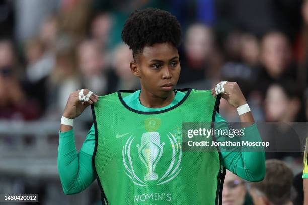 Camila Fernanda Gomes Rodrigues of Brazil reacts on the bench prior to the Women's Finalissima between England and Brazil at Wembley Stadium on April...