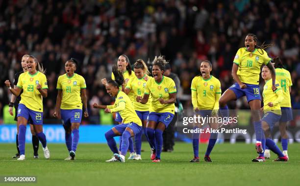 Players of Brazil react during the penalty shoot-out during the Women´s Finalissima 2023 match between England and Brazil at Wembley Stadium on April...