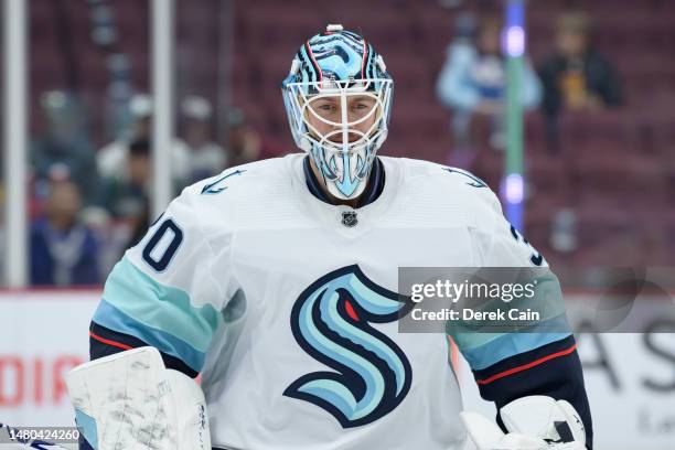 Martin Jones of the Seattle Kraken skates during warm-up prior to their NHL game against the Vancouver Canucks at Rogers Arena on April 4, 2023 in...