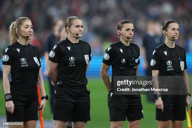 The match Officials ; Assistant Referee Manuela Nicolosi of France, Fourth Official Esther Staubli of Switzerland, the Referee Stephanie Frappart of...