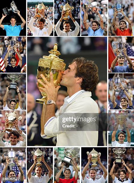 Combination of photographs created on July 8, 2012 shows Roger Federer of Switzerland holding up his 17 Grand Slam trophies. Swiss great Roger...