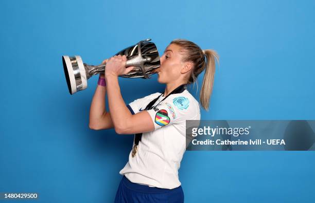 Leah Williamson of England poses with the trophy after winning the Women´s Finalissima 2023 match between England and Brazil at Wembley Stadium on...