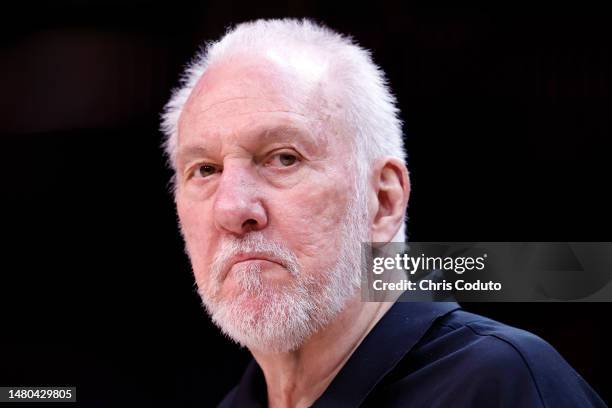 Head coach Gregg Popovich of the San Antonio Spurs looks on during the game against the Phoenix Suns at Footprint Center on April 04, 2023 in...