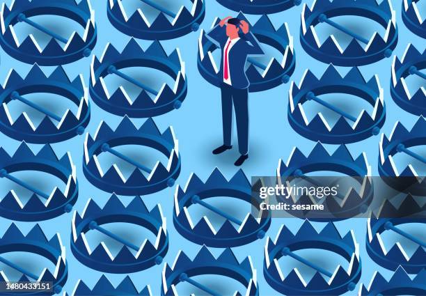 ilustrações de stock, clip art, desenhos animados e ícones de financing traps, investment risks, ponzi schemes or business traps, doubts and mistrust, isometric traps surround the desperate businessman - conspiração