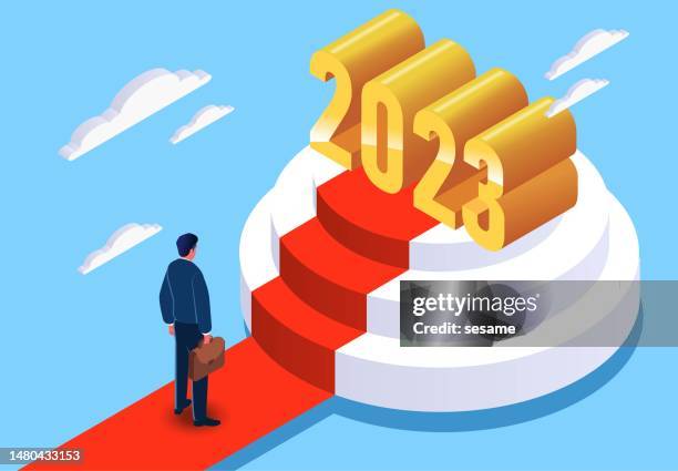 successful 2023, towards the top of life, employee of the year, work achievement or victory, isometric businessman walking down the aisle to the steps on the number 2023 - red carpet stock illustrations