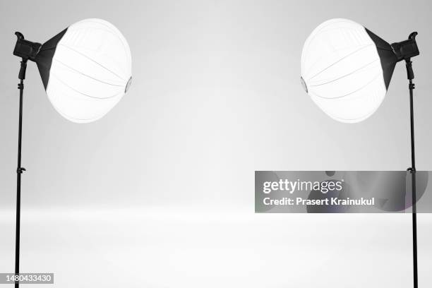 lantern softbox light equipment. studio lighting equipment with softboxes and white background - strobe light stock pictures, royalty-free photos & images
